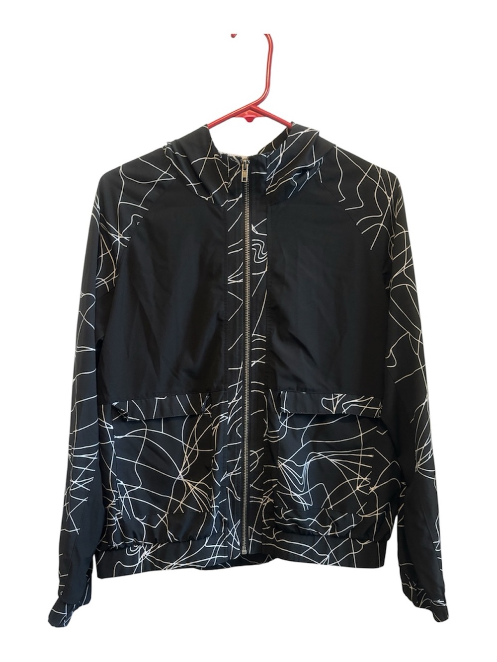 Fabletics Black Hooded Bomber Jacket with White Abstract Lines